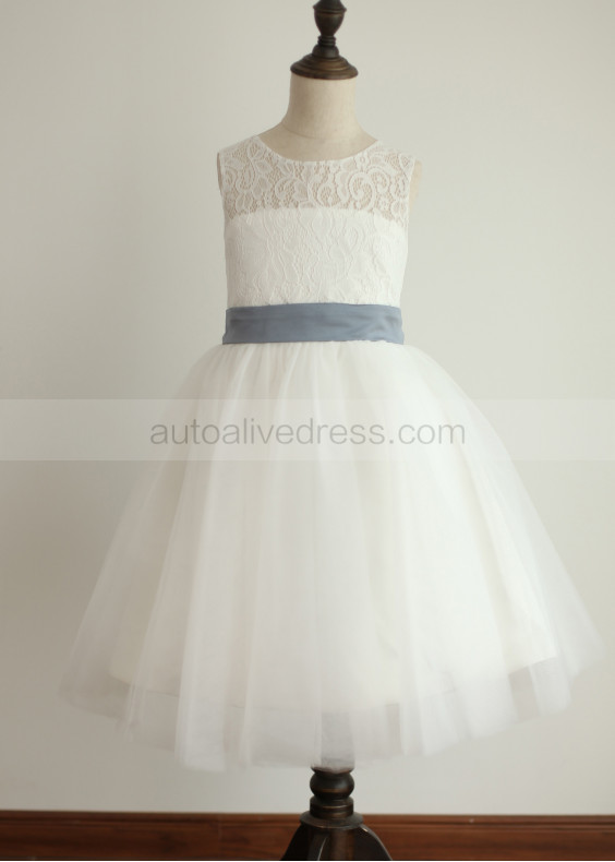 Ivory Lace Tulle Heart Cut Back Flower Girl Dress